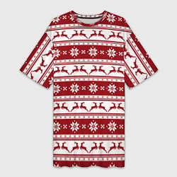 Футболка женская длинная Скандинавский полосатый орнамент с оленями, цвет: 3D-принт