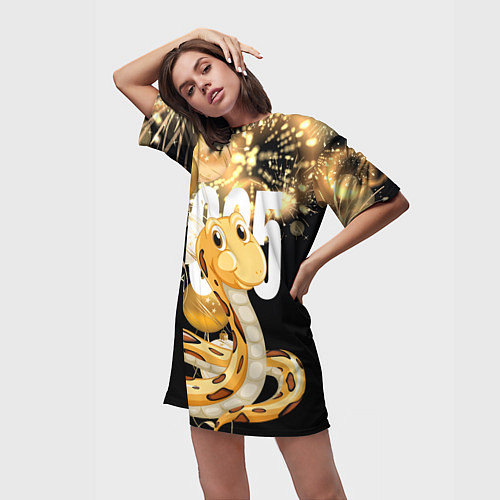 Женская длинная футболка 2025 год - змея и новогодний салют / 3D-принт – фото 3