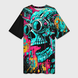 Футболка женская длинная Cyber skull sketch - color blots, цвет: 3D-принт