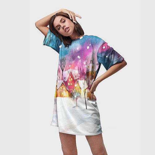 Женская длинная футболка Новогодний ночной дворик / 3D-принт – фото 3
