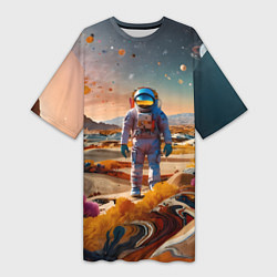 Футболка женская длинная Космонавт на красочной планете, цвет: 3D-принт