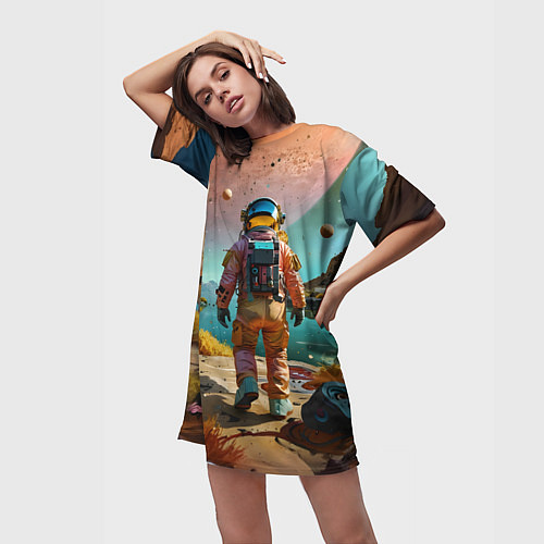 Женская длинная футболка Астронавт на красочной планете / 3D-принт – фото 3