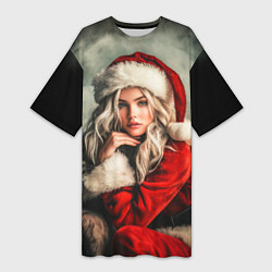 Футболка женская длинная Блондинка в костюме Санты, цвет: 3D-принт