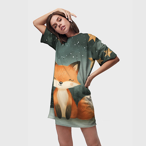 Женская длинная футболка Лисица в новогоднем лесу / 3D-принт – фото 3