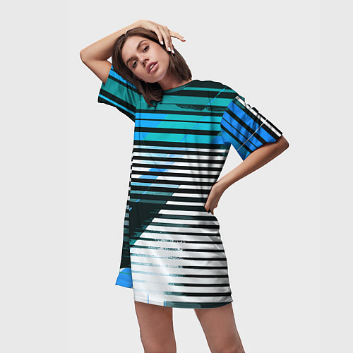 Женская длинная футболка Сине-чёрные полосы на белом фоне / 3D-принт – фото 3