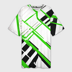 Футболка женская длинная Зелёно-чёрные полосы на белом фоне, цвет: 3D-принт
