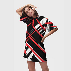 Футболка женская длинная Красно-белые линии на чёрном фоне, цвет: 3D-принт — фото 2