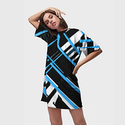 Футболка женская длинная Сине-белые линии на чёрном фоне, цвет: 3D-принт — фото 2