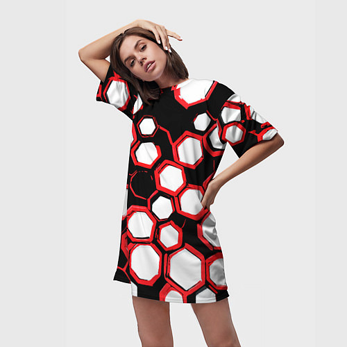 Женская длинная футболка Красно-белые шестиугольники на чёрном фоне / 3D-принт – фото 3