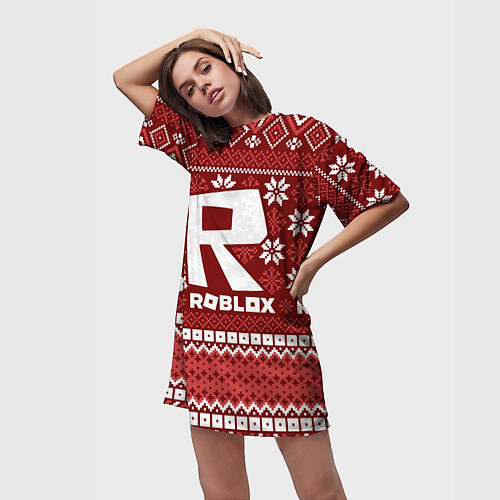 Женская длинная футболка Новогодний свитер ugly Roblox / 3D-принт – фото 3