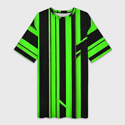 Футболка женская длинная Толстые зелёные полосы на чёрном фоне, цвет: 3D-принт