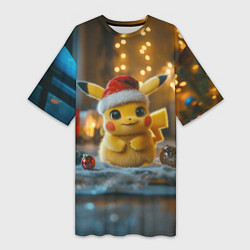 Футболка женская длинная Пикачу и Рождество, цвет: 3D-принт