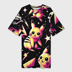 Футболка женская длинная Pikachu and skeletons - pattern, цвет: 3D-принт