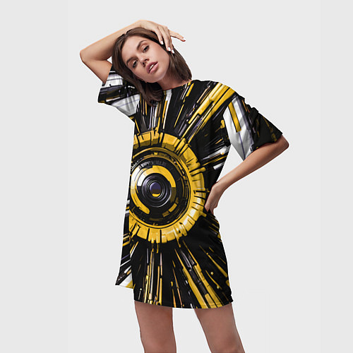 Женская длинная футболка Чёрно-жёлтая сфера киберпанк / 3D-принт – фото 3