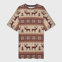 Футболка женская длинная Вязаный скандинавский орнамент с оленями, цвет: 3D-принт