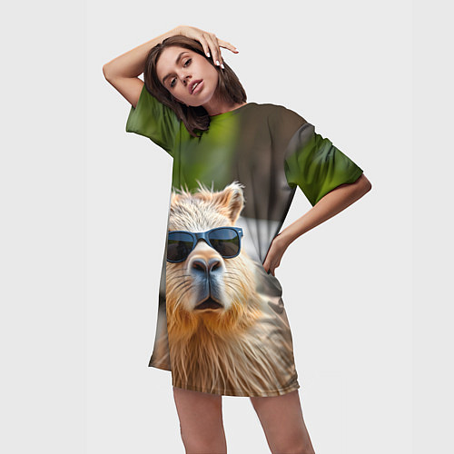 Женская длинная футболка Модная капибара в темных очках / 3D-принт – фото 3