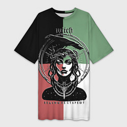 Футболка женская длинная Ведьма не стареет с вороном и нимбом, цвет: 3D-принт