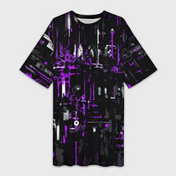 Футболка женская длинная Бело-фиолетовая тревожная абстракция на чёрном фон, цвет: 3D-принт
