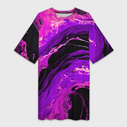 Футболка женская длинная Фиолетовые брызги на чёрном фоне, цвет: 3D-принт