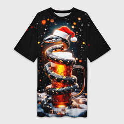 Футболка женская длинная Змея с кружкой пива на Новый год, цвет: 3D-принт