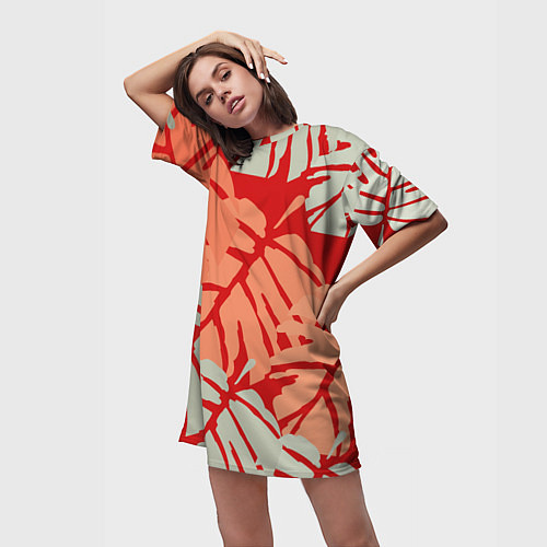 Женская длинная футболка Отпечатки монстеры на красном / 3D-принт – фото 3