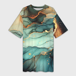 Футболка женская длинная Бирюзовый узор с оранжевыми вставками, цвет: 3D-принт