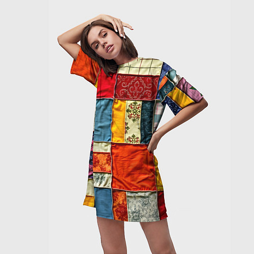 Женская длинная футболка Пэчворк из ярких тканей / 3D-принт – фото 3