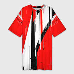Футболка женская длинная Чёрно-белые вертикальные полосы на красном фоне, цвет: 3D-принт
