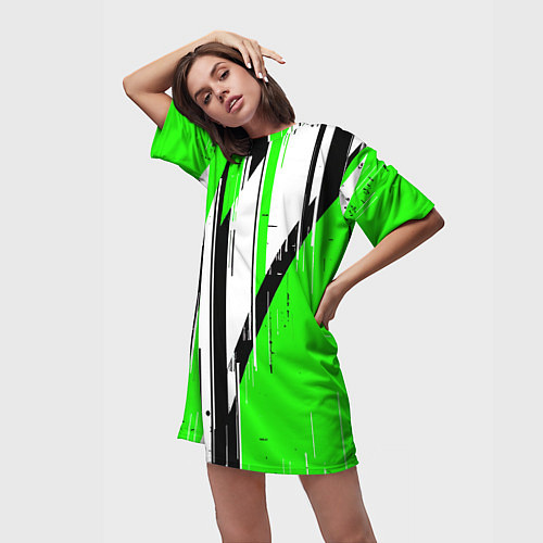 Женская длинная футболка Black and white vertical stripes on a green backgr / 3D-принт – фото 3