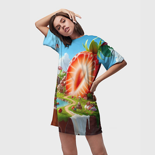 Женская длинная футболка Клубничная планета - нейроарт фантазия / 3D-принт – фото 3