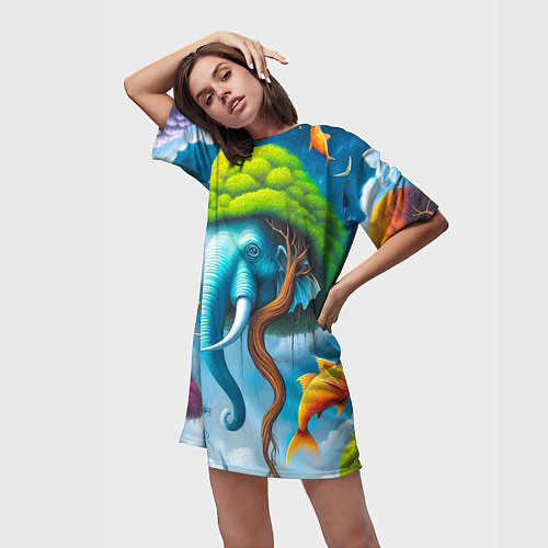 Женская длинная футболка Сюрреализм со слоном и рыбами - нейроарт фантазия / 3D-принт – фото 3
