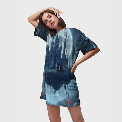 Женская длинная футболка Замок Дракулы и неоновые грибы - нейроарт фантазия / 3D-принт – фото 3