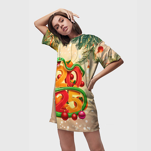 Женская длинная футболка Веселая змея 2025 / 3D-принт – фото 3