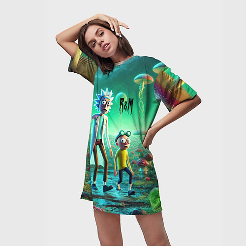 Женская длинная футболка Рик и Морти изучают планету мухоморов - нейроарт ф / 3D-принт – фото 3