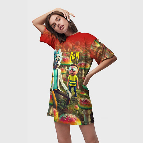 Женская длинная футболка Рик и Морти заблудились в мухоморном поле / 3D-принт – фото 3