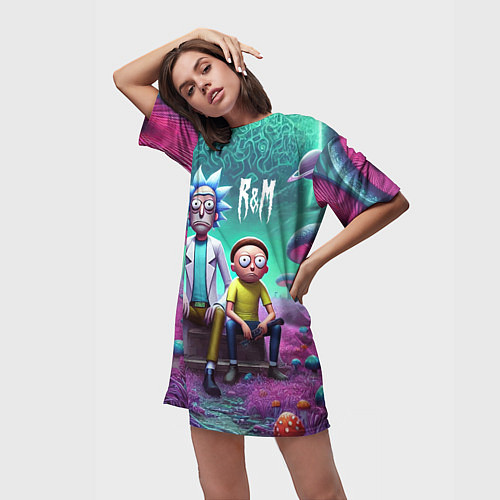 Женская длинная футболка Рик и Морту на сказочной грибной планете - нейроар / 3D-принт – фото 3