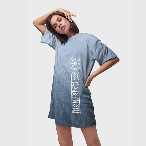 Женская длинная футболка Обережный компас рун и северный лес / 3D-принт – фото 3