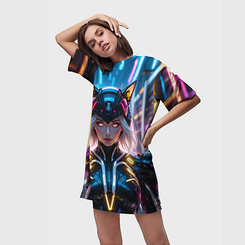 Женская длинная футболка Девушка кошка неон / 3D-принт – фото 3