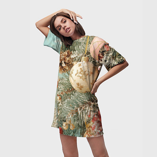 Женская длинная футболка Елочные новогодние игрушки / 3D-принт – фото 3