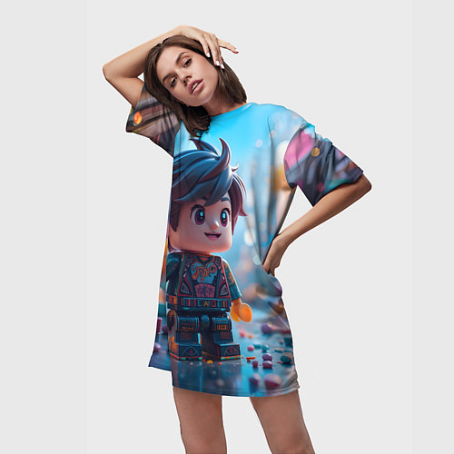 Женская длинная футболка Человечек из лего / 3D-принт – фото 3