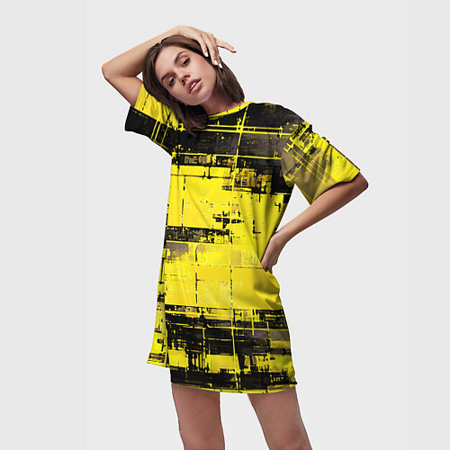 Женская длинная футболка Чёрно-жёлтый техно-паттерн / 3D-принт – фото 3