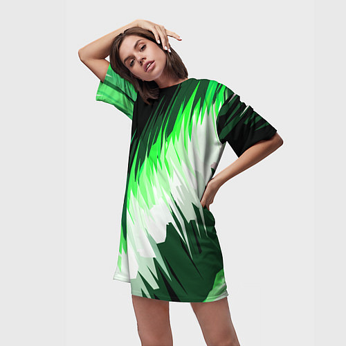 Женская длинная футболка Зелёно-белая абстракция на чёрном фоне / 3D-принт – фото 3