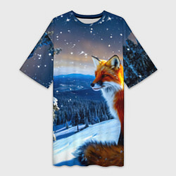 Футболка женская длинная Лисичка в зимнем лесу, цвет: 3D-принт