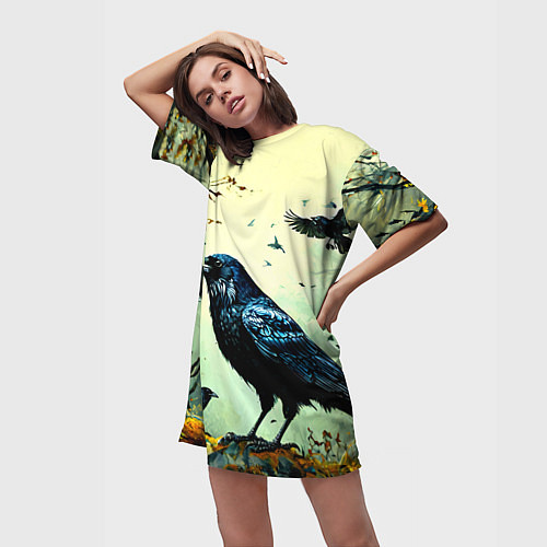 Женская длинная футболка Черный ворон в осеннем лесу / 3D-принт – фото 3
