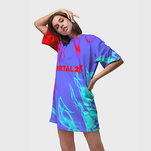 Женская длинная футболка Portal 2 neon flame steel / 3D-принт – фото 3