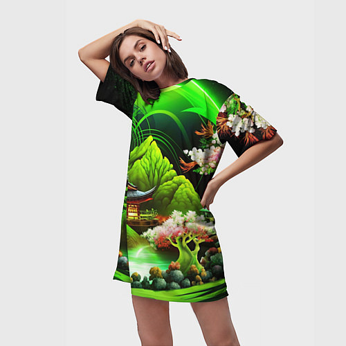 Женская длинная футболка Природа Японии в зеленых цветах / 3D-принт – фото 3
