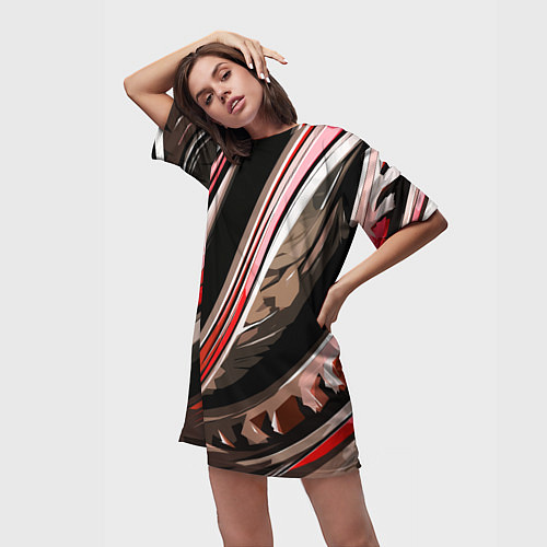 Женская длинная футболка Волнистая чёрно-красная абстракция / 3D-принт – фото 3