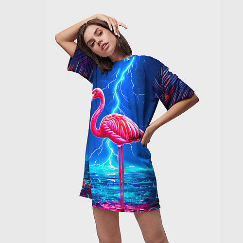 Женская длинная футболка Фламинго и молния / 3D-принт – фото 3