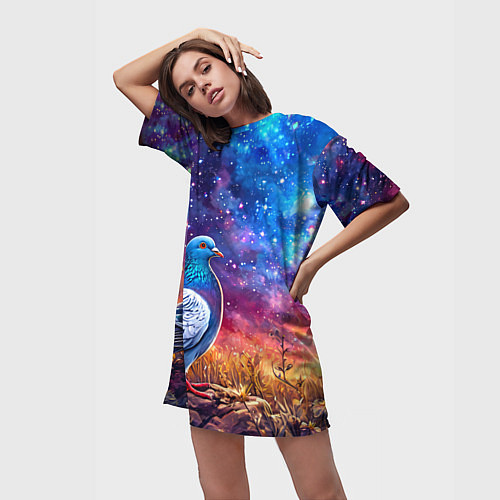 Женская длинная футболка Голубь в космосе / 3D-принт – фото 3