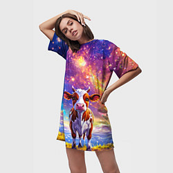 Футболка женская длинная Коровка и звездное небо, цвет: 3D-принт — фото 2